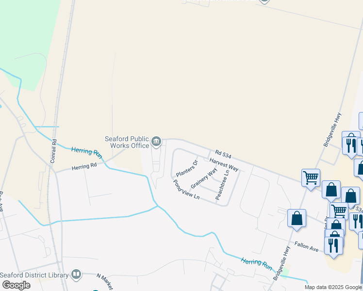 map of restaurants, bars, coffee shops, grocery stores, and more near 124 Pond View Lane in Seaford
