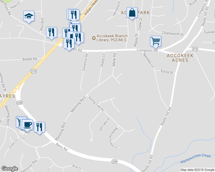 map of restaurants, bars, coffee shops, grocery stores, and more near 210 Manning Road East in Accokeek
