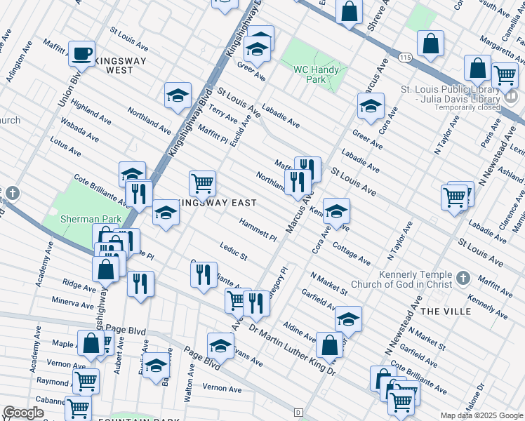 map of restaurants, bars, coffee shops, grocery stores, and more near 4754 Highland Avenue in St. Louis