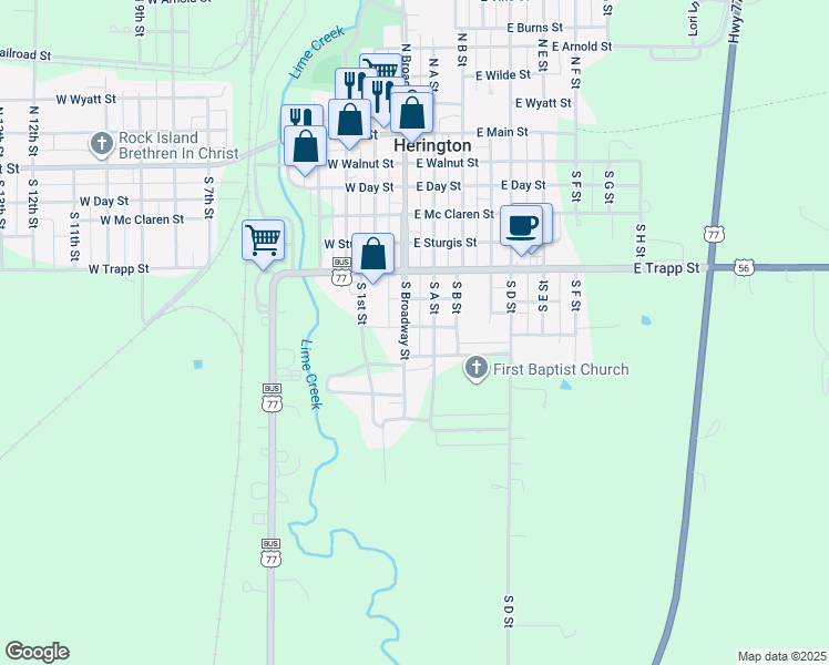 map of restaurants, bars, coffee shops, grocery stores, and more near 602 South Broadway Street in Herington