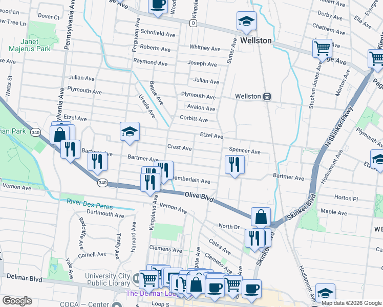 map of restaurants, bars, coffee shops, grocery stores, and more near 6600 Crest Avenue in University City
