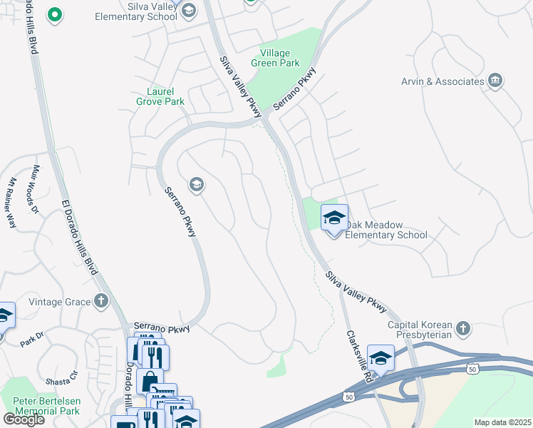 map of restaurants, bars, coffee shops, grocery stores, and more near 5076 Mertola Drive in El Dorado Hills