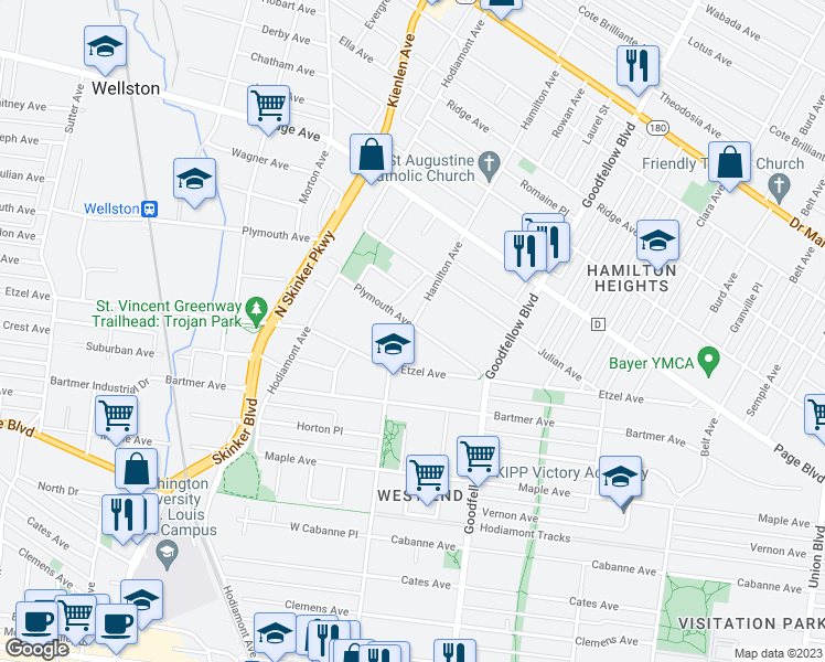 map of restaurants, bars, coffee shops, grocery stores, and more near 5887 Plymouth Avenue in St. Louis