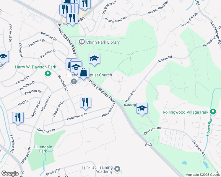 map of restaurants, bars, coffee shops, grocery stores, and more near 3940 Prince William Parkway in Woodbridge