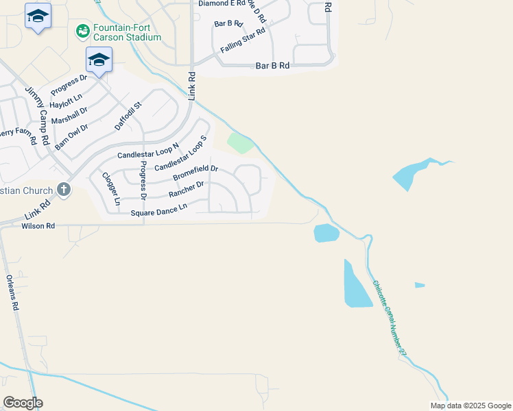 map of restaurants, bars, coffee shops, grocery stores, and more near 1056 Bromefield Drive in Fountain