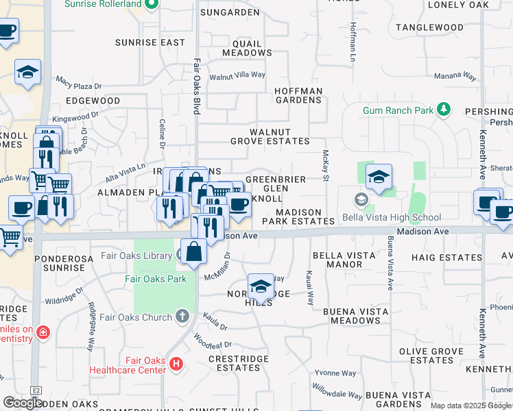 map of restaurants, bars, coffee shops, grocery stores, and more near 5456 East Knoll Drive in Fair Oaks