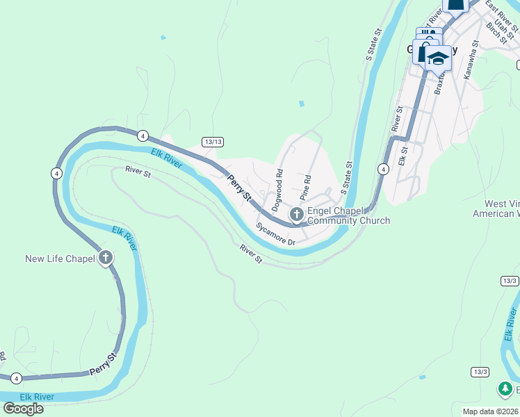 map of restaurants, bars, coffee shops, grocery stores, and more near Perry Street in Gassaway