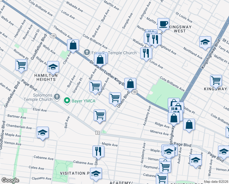 map of restaurants, bars, coffee shops, grocery stores, and more near 5341 Wells Avenue in St. Louis