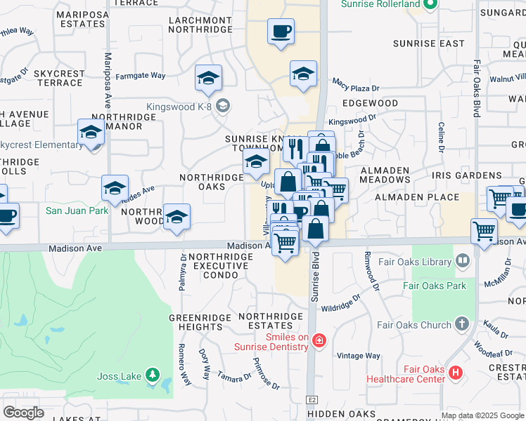 map of restaurants, bars, coffee shops, grocery stores, and more near 7803 Village Way in Citrus Heights