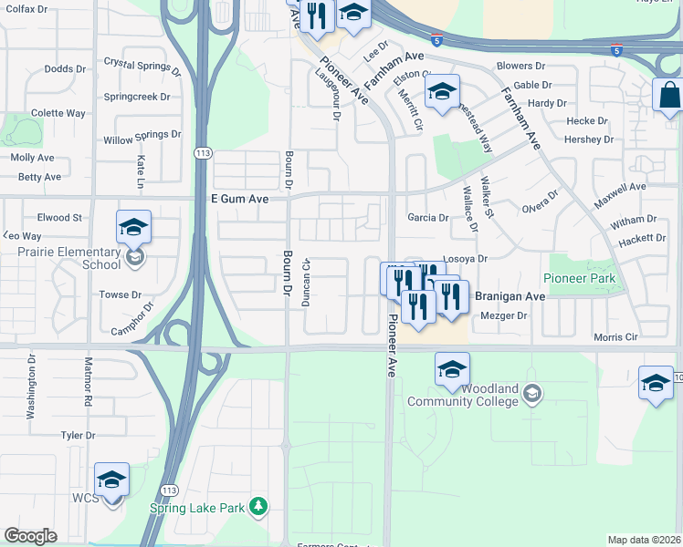 map of restaurants, bars, coffee shops, grocery stores, and more near 1655 Santoni Lane in Woodland