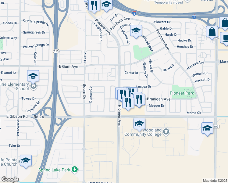 map of restaurants, bars, coffee shops, grocery stores, and more near 931 Campbell Circle in Woodland