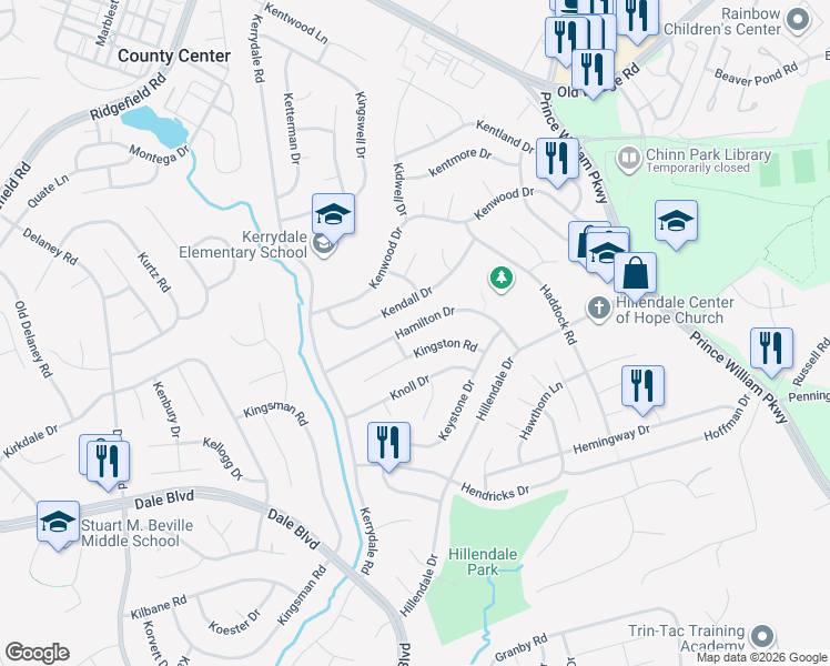 map of restaurants, bars, coffee shops, grocery stores, and more near 4511 Hamilton Drive in Woodbridge