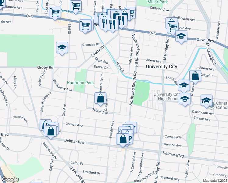 map of restaurants, bars, coffee shops, grocery stores, and more near 931 Warder Avenue in University City
