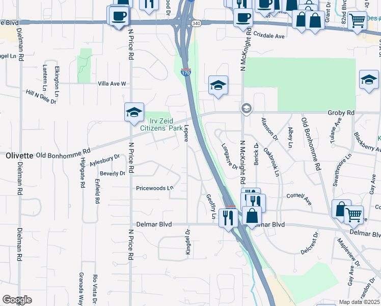 map of restaurants, bars, coffee shops, grocery stores, and more near 753 West Canterbury Road in St. Louis