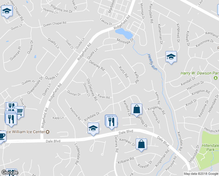 map of restaurants, bars, coffee shops, grocery stores, and more near 13224 Delaney Rd in Woodbridge