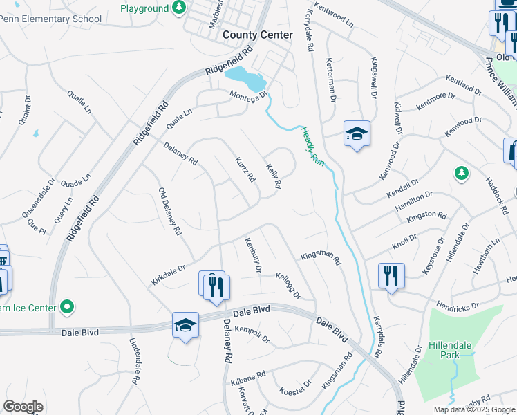 map of restaurants, bars, coffee shops, grocery stores, and more near 13301 Kurtz Road in Woodbridge