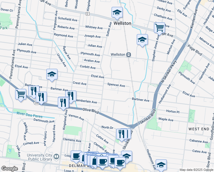 map of restaurants, bars, coffee shops, grocery stores, and more near 6442 Spencer Avenue in St. Louis