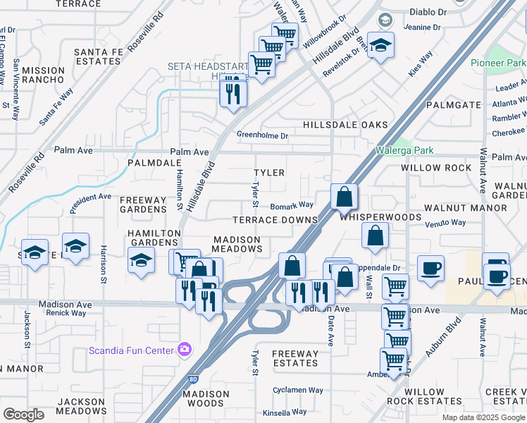 map of restaurants, bars, coffee shops, grocery stores, and more near 4508 Bomark Way in Sacramento