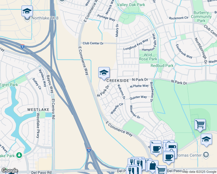 map of restaurants, bars, coffee shops, grocery stores, and more near 4316 North Park Drive in Sacramento