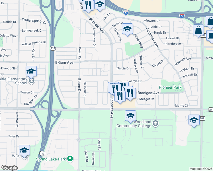 map of restaurants, bars, coffee shops, grocery stores, and more near 931 Campbell Circle in Woodland