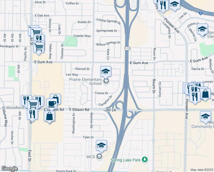 map of restaurants, bars, coffee shops, grocery stores, and more near 1444 Stetson Street in Woodland