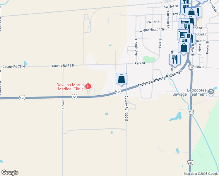 map of restaurants, bars, coffee shops, grocery stores, and more near 12802 U.S. 50 in Loogootee