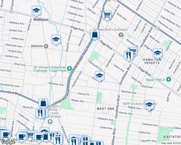 map of restaurants, bars, coffee shops, grocery stores, and more near 6021 Etzel Avenue in St. Louis