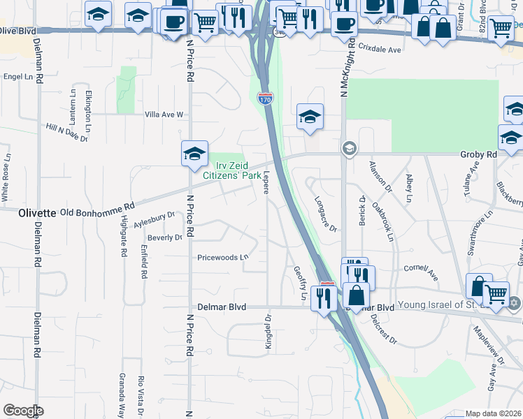 map of restaurants, bars, coffee shops, grocery stores, and more near 753 West Canterbury Road in St. Louis