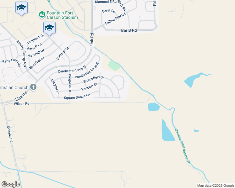 map of restaurants, bars, coffee shops, grocery stores, and more near 1056 Bromefield Drive in Fountain