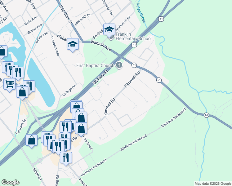 map of restaurants, bars, coffee shops, grocery stores, and more near 1502 Kimmell Road in Vincennes