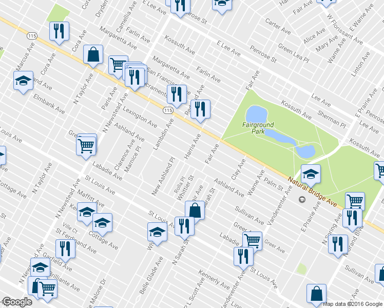 map of restaurants, bars, coffee shops, grocery stores, and more near 3520 Harris Avenue in St. Louis