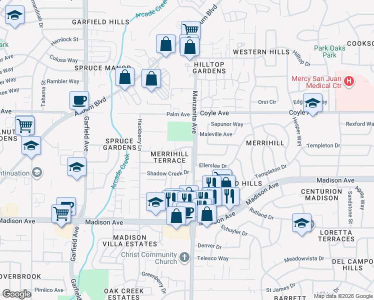 map of restaurants, bars, coffee shops, grocery stores, and more near 5824 Nonnie Avenue in Sacramento