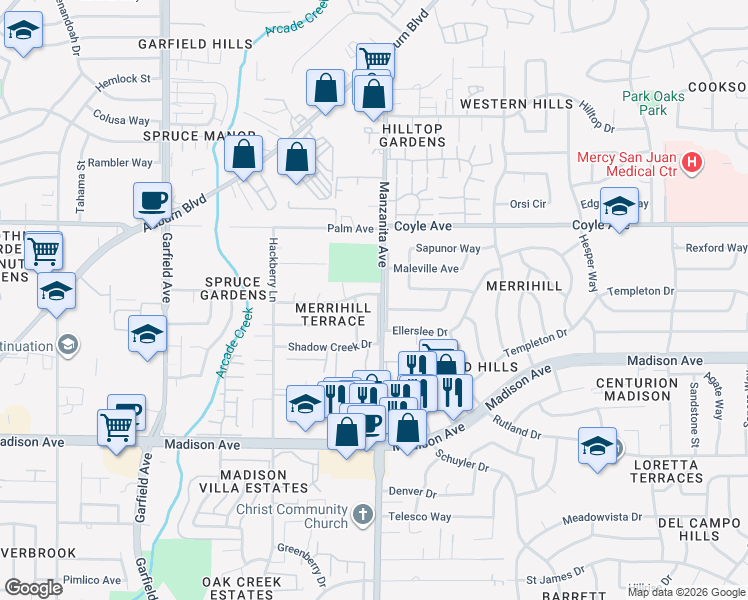 map of restaurants, bars, coffee shops, grocery stores, and more near 5840 Nonnie Avenue in Sacramento