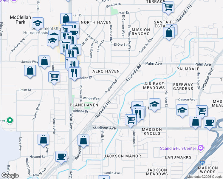 map of restaurants, bars, coffee shops, grocery stores, and more near 5416 Poplar Boulevard in North Highlands