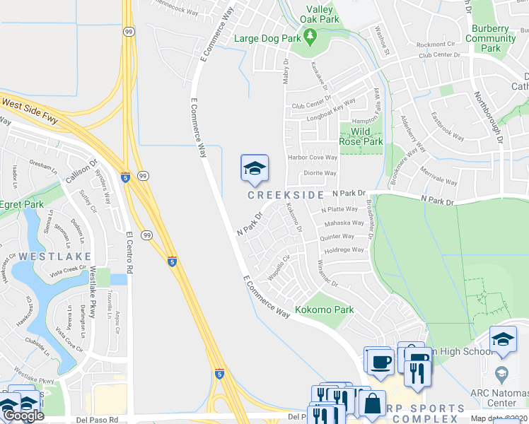 map of restaurants, bars, coffee shops, grocery stores, and more near 4316 North Park Drive in Sacramento