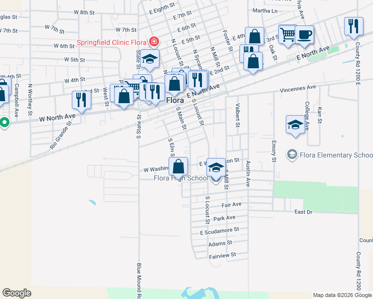 map of restaurants, bars, coffee shops, grocery stores, and more near 414 South Main Street in Flora