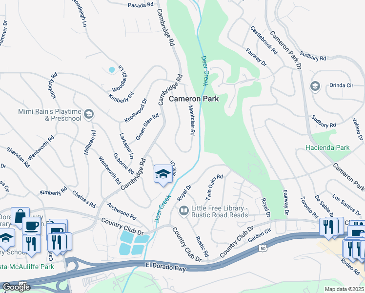 map of restaurants, bars, coffee shops, grocery stores, and more near 3668 Montclair Road in Cameron Park