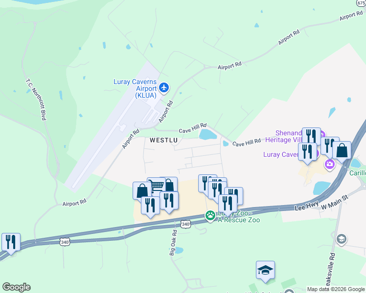 map of restaurants, bars, coffee shops, grocery stores, and more near 222 Westlu Drive in Luray