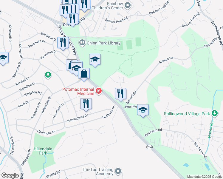 map of restaurants, bars, coffee shops, grocery stores, and more near 3940 Prince William Parkway in Woodbridge