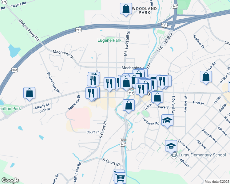 map of restaurants, bars, coffee shops, grocery stores, and more near 201 W Main St in Luray