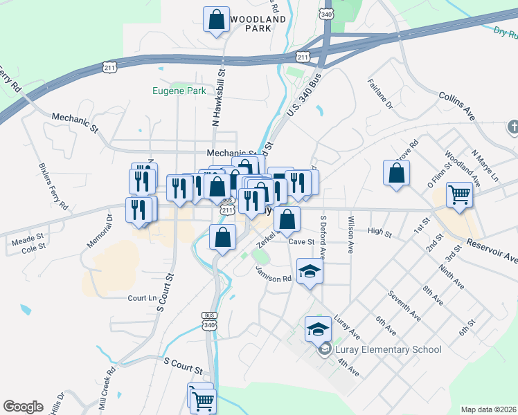 map of restaurants, bars, coffee shops, grocery stores, and more near in Luray