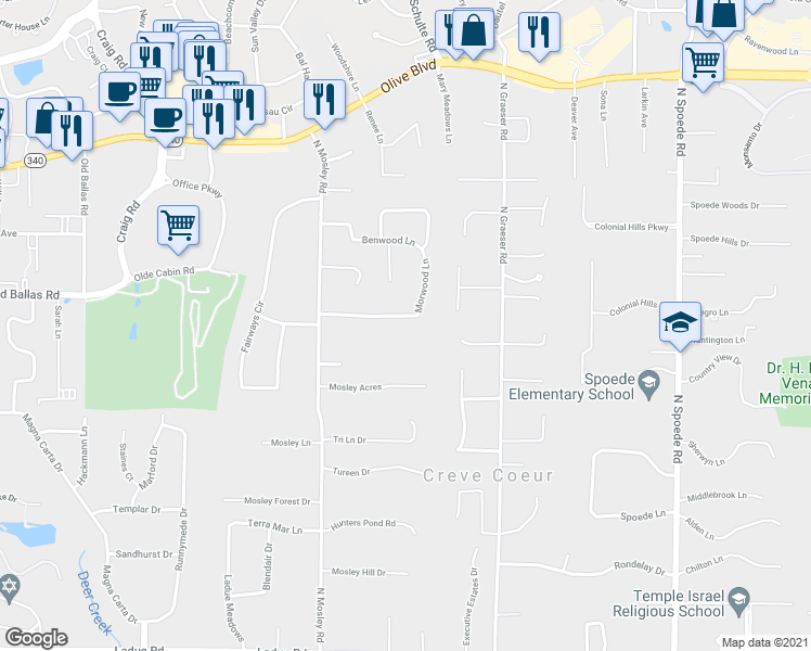 map of restaurants, bars, coffee shops, grocery stores, and more near 20 Morwood Lane in Creve Coeur