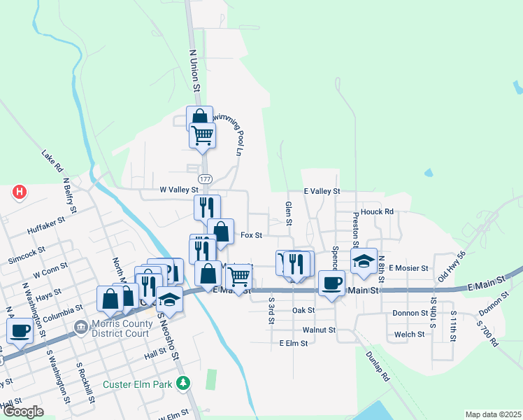 map of restaurants, bars, coffee shops, grocery stores, and more near 562 East Conn Street in Council Grove