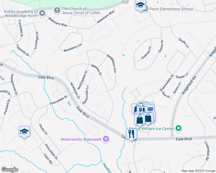 map of restaurants, bars, coffee shops, grocery stores, and more near 13229 Nassau Drive in Woodbridge