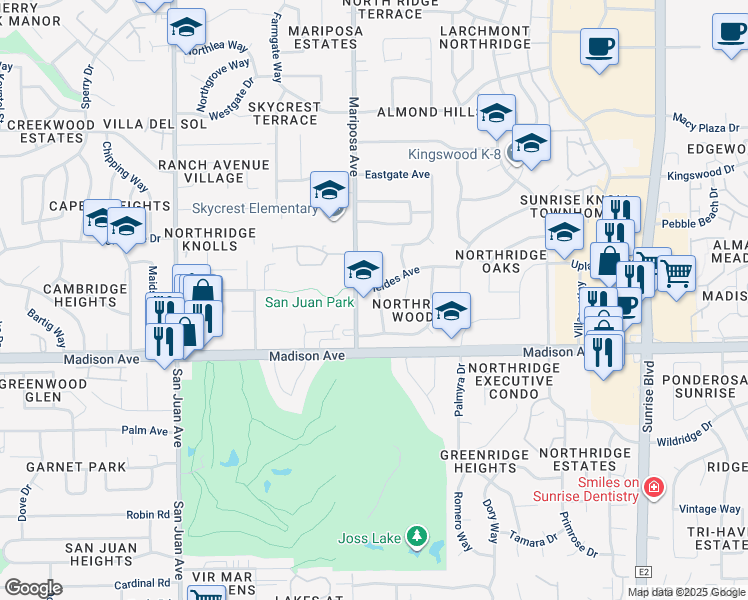 map of restaurants, bars, coffee shops, grocery stores, and more near 5417 Celestial Way in Citrus Heights