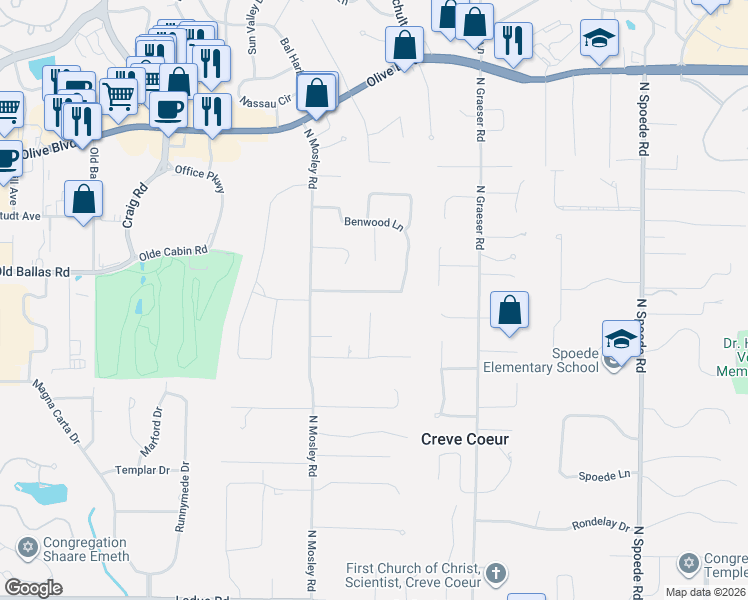 map of restaurants, bars, coffee shops, grocery stores, and more near 20 Morwood Lane in Creve Coeur