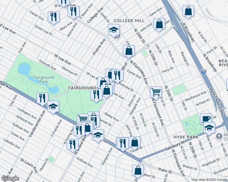 map of restaurants, bars, coffee shops, grocery stores, and more near 4136 North Grand Boulevard in St. Louis