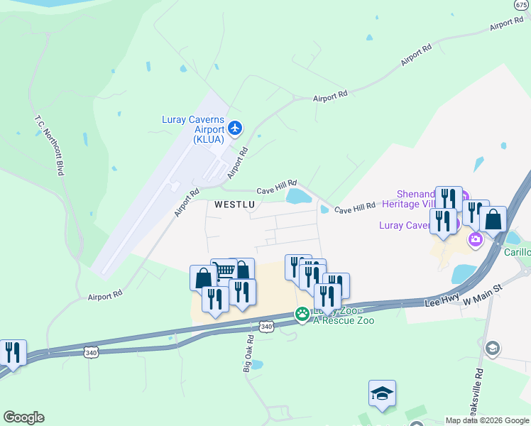 map of restaurants, bars, coffee shops, grocery stores, and more near 222 Westlu Drive in Luray