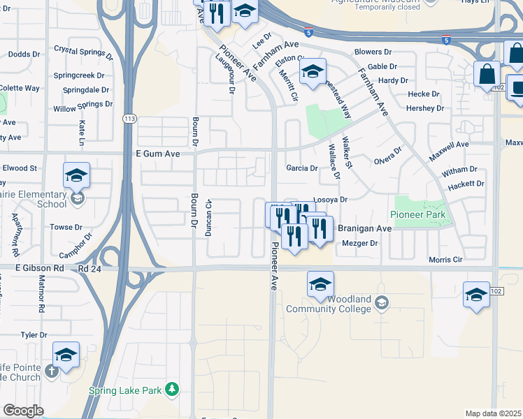 map of restaurants, bars, coffee shops, grocery stores, and more near 931 Campbell Circle in Woodland