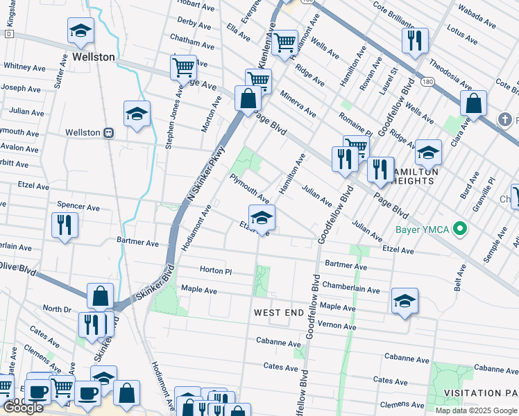 map of restaurants, bars, coffee shops, grocery stores, and more near 5916 Plymouth Avenue in St. Louis